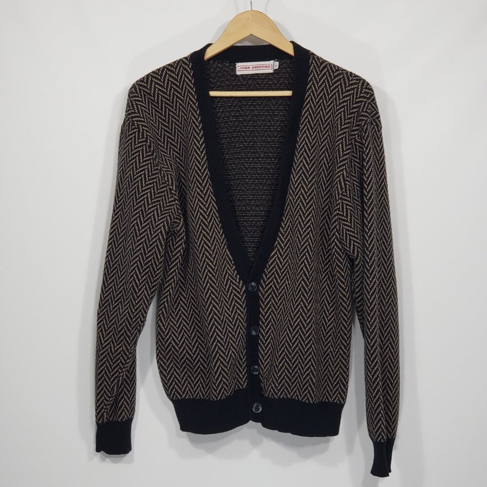 Vintage John Ashford  Brown Black Chevron Pattern V-neck Cardigan Sweater